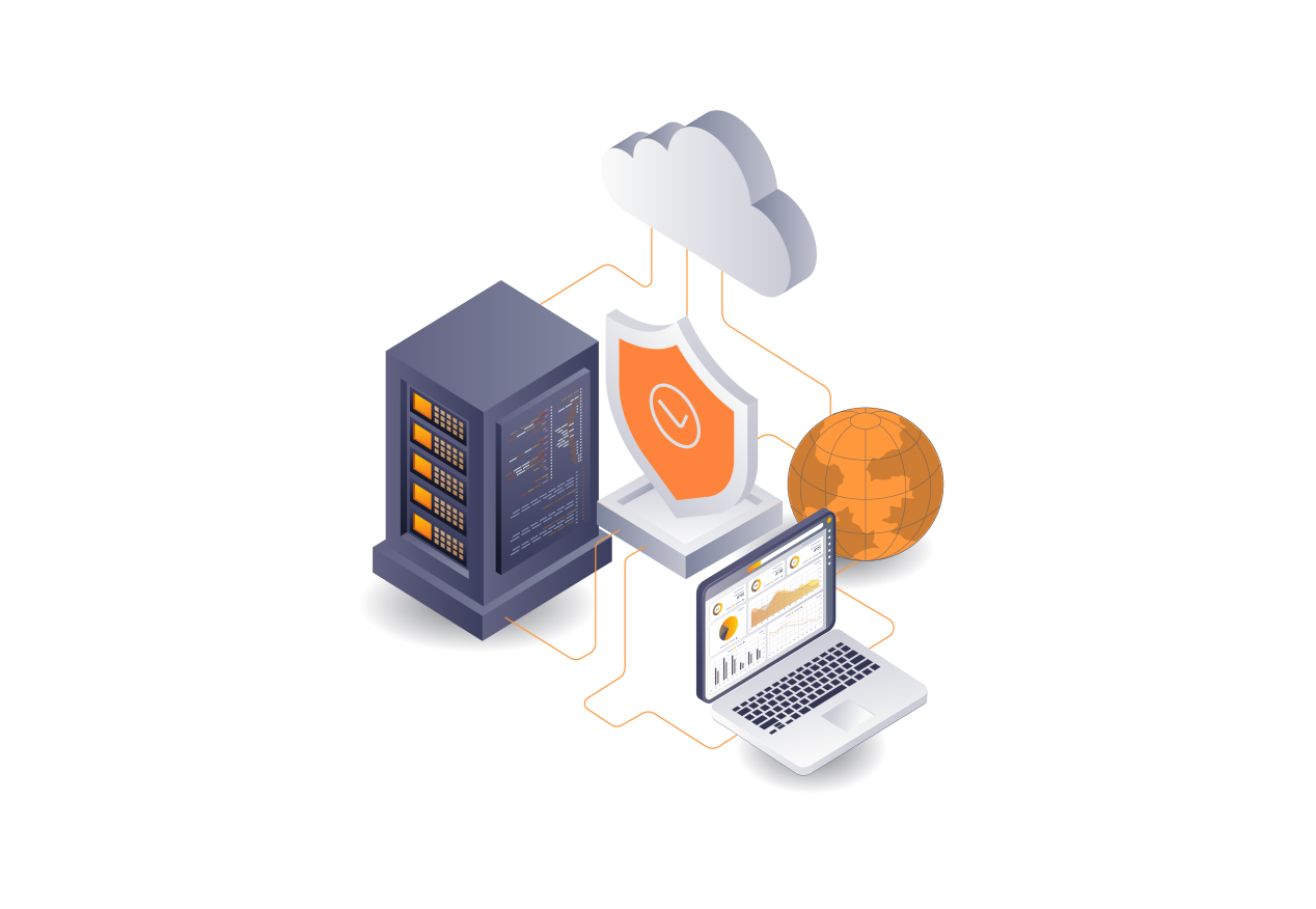 Server-Netzwerk und Sicherheitssystem mit Laptop und Cloud.